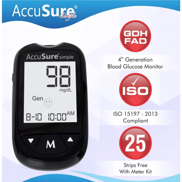AccuSure Instant Digital Simple Glucometer Kit |with 25 Strips,10 Lancet,1 Lancing device