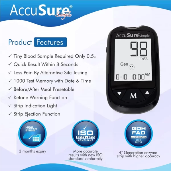 AccuSure Instant Digital Simple Glucometer Kit |with 25 Strips,10 Lancet,1 Lancing device